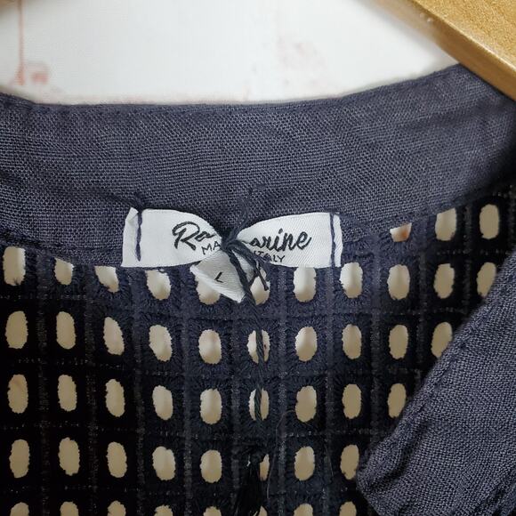 Rosemarine Italian Linen Dress Size L Navy Blue Sleeveless Crochet Shift Ruffle - Picture 6 of 12